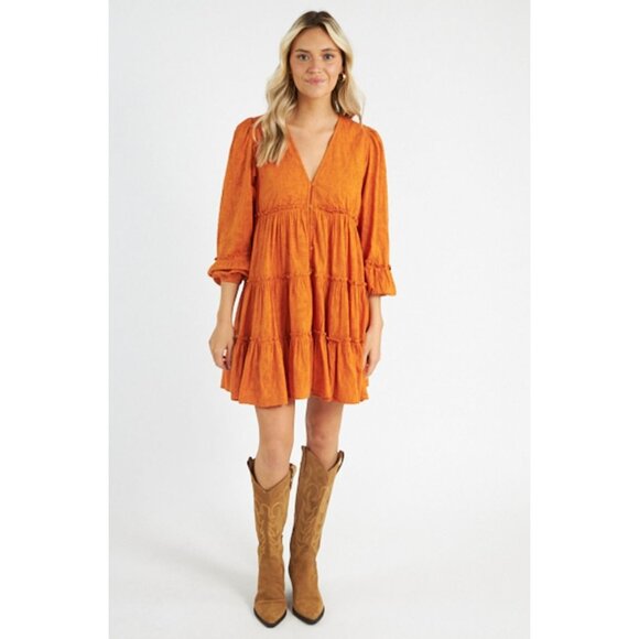 NWT Cleobella Blythe Mini Dress in Bright Orange Floral Jacquard Tiered Boho S - Picture 2 of 16